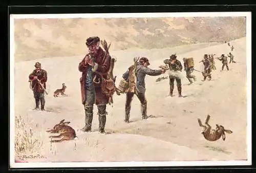 AK Jäger schiessen Hasen im Schnee