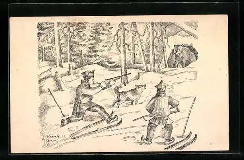 Künstler-AK Jäger auf Skiern jagen einen Bären