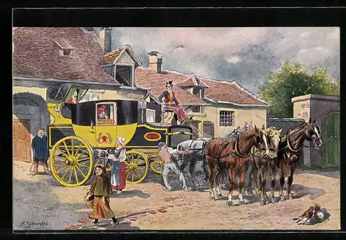 Künstler-AK K. Schnorpfeil: Französische Eilpostkutsche im Jahre 1840