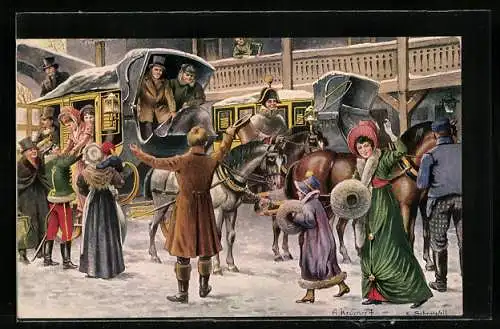 Künstler-AK Ankunft der K. K. Eilpost im Posthof Wien im Jahr 1837