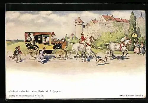 AK Extrapostkutsche mit Hochzeitspaar, 1840