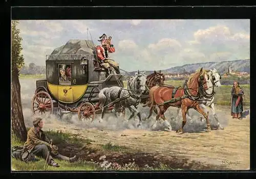 Künstler-AK Ferienreise mit Eilpost im Jahre 1830