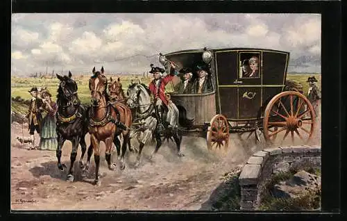 Künstler-AK K. Schnorpfeil: Eilpost auf der Fahrt von Wien nach Brünn, 1750