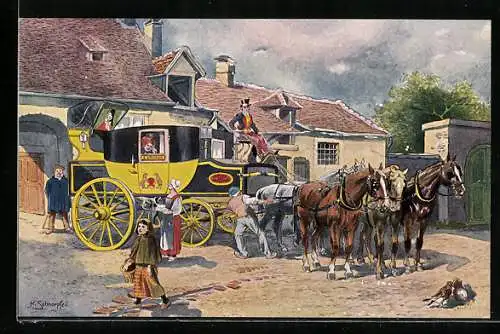 Künstler-AK K. Schnorpfeil: Französische Eilpostkutsche im Jahre 1840