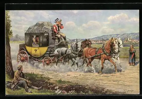 Künstler-AK Ferienreise mit Eilpost im Jahre 1830
