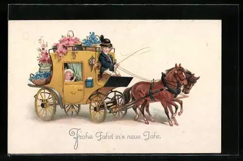 AK mit Blumenkörben beladene Postkutsche, Neujahr