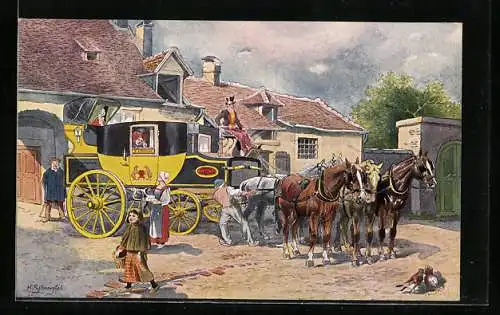 Künstler-AK K. Schnorpfeil: Französische Eilpostkutsche im Jahre 1840