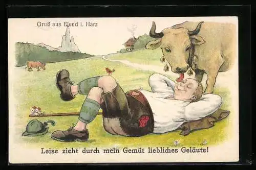 AK Schlafender Wanderer wird von einer Kuh geküsst, Scherz