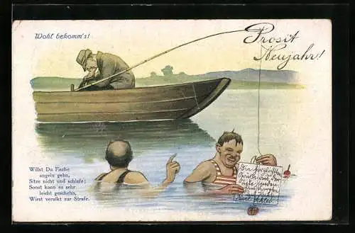 AK Wohl bekomm's, Willst du Fische angeln geh'n, sitze nicht und schlafe..., zwei Badegäste nehmen einen Angler hoch