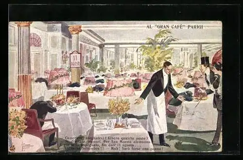 Künstler-AK Al Gran Café Parigi, Kellner im Restaurant, Propaganda Entente