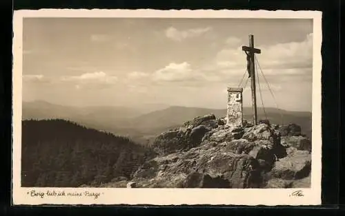 Foto-AK Blick vom Rachelgipfel gegen Arber, Gipfelkreuz