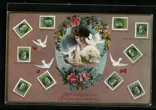 AK Briefmarkensprache, bayrische Briefmarken erklären anhand von Klebeweisen die Sprache, Fräulein mit Tauben
