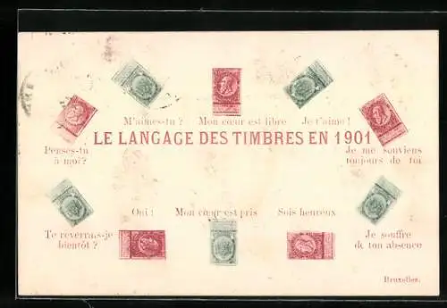 AK Le Langage des Timbres en 1901, französische Briefmarken, Briefmarkensprache