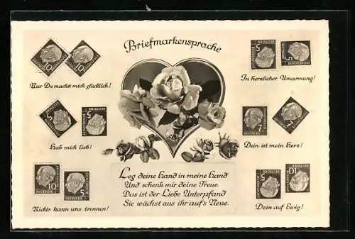 AK Briefmarkensprache der Liebe, Rosen im Herz