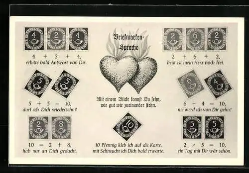 AK Briefmarkensprache, Briefmarken der Deutschen Bundespost erklären die Sprache mit verschiedenen Kleberichtungen