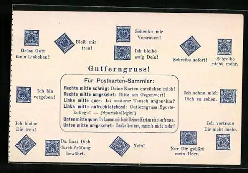 AK Briefmarkensprache, Gutferngruss für Postkarten-Sammler