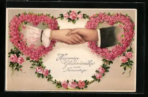 Künstler-AK Liebespaar reicht sich die Hand, Herzen aus Blüten und Rosenranken, Blumenbild
