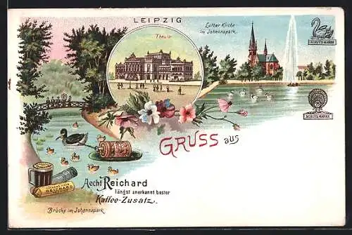 Lithographie Leipzig, Lutherkirche im Johannapark, Brücke, Reklame für Aecht Reichard Kaffee-Zusatz