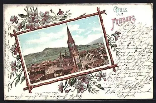 Passepartout-Lithographie Freiburg i. B., Ortsansicht mit Münster