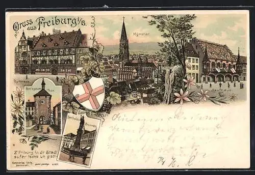 Lithographie Freiburg i. B., Rathaus, Münster, Kaufhaus, Breisgauer Tor, Wappen