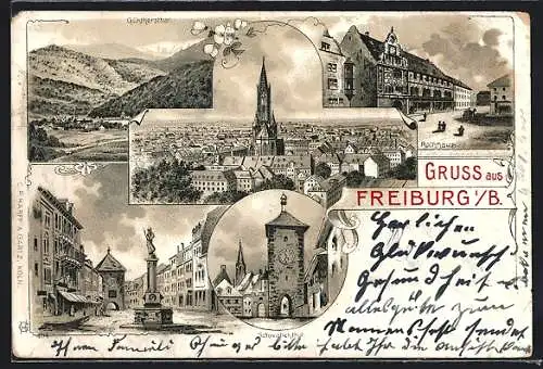 Lithographie Freiburg i. B., Rathaus, Schwabenthor, Totalansicht