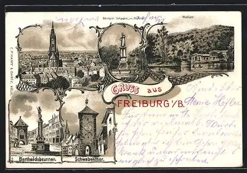 Lithographie Freiburg i. B., Bertholdsbrunnen, Münster, Schwabenthor