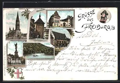 Lithographie Freiburg i. B., Münster, Alte Universität, Waldsee & Kaufhaus