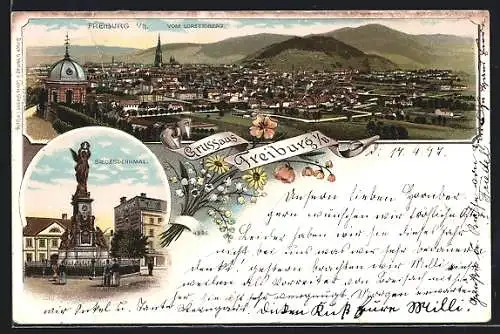 Lithographie Freiburg i. B., Ansicht vom Lorettoberg, das Siegesdenkmal
