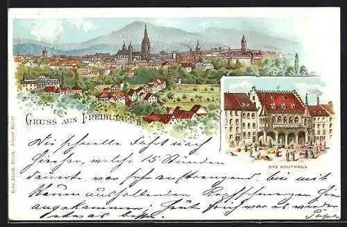 Lithographie Freiburg i. Br., Das Kaufhaus, Ortsansicht