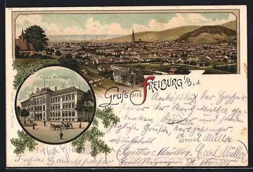 Lithographie Freiburg i. B., Höhere Mädchenschule, Totalansicht