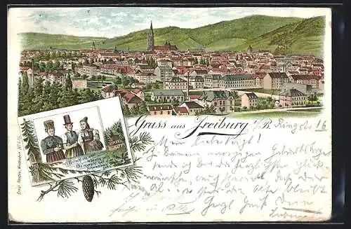 Lithographie Freiburg i. B., Totalansicht, drei Damen in Tracht