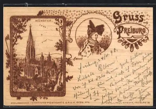 Holzbrand-Imitations-AK Freiburg i. B., Münster, Frauenportrait