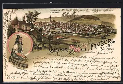 Lithographie Freiburg i. B., Totale vom Lorettoberg aus gesehen, Schwarzwälderin in Tracht