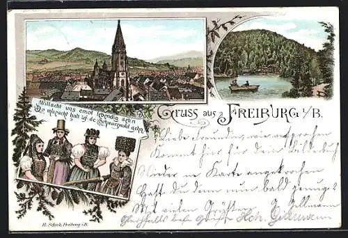 Lithographie Freiburg i. B., Teilansicht mit Münster, Waldsee, Frauen in Tracht