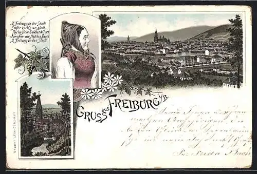 Lithographie Freiburg i. B., Münster, Frauenportrait, Totalansicht