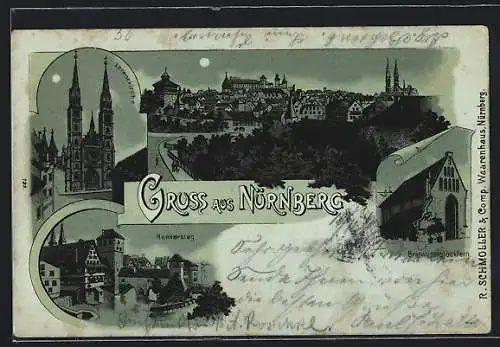 Mondschein-Lithographie Nürnberg, Lorenzkirche, Bratwurstglöcklein, Henkersteg