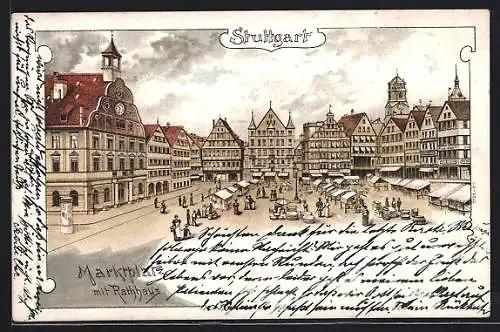 Lithographie Stuttgart, Marktplatz mit Rathhaus
