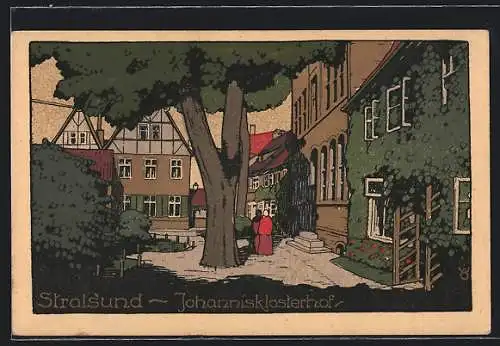 Steindruck-AK Stralsund, Ansicht Johannisklosterhof