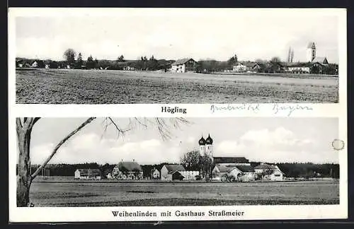 AK Högling, Ortspanorama mit Kirche, Weihenlinden mit Gasthaus Strassmeier