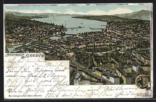 Lithographie Geneve, Panoramablick auf die Stadt