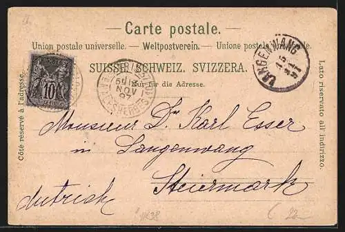 Lithographie Geneve, Vue generale et les Alpes & Montblanc, Place Neuve