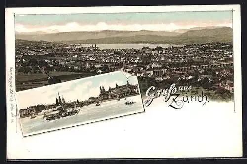 Lithographie Zürich, Ortspartie mit Dampfer