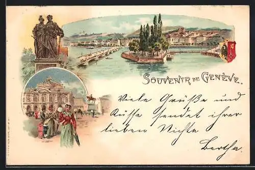 Lithographie Genève, Totalansicht, Kurhotel, Wappen und Denkmal