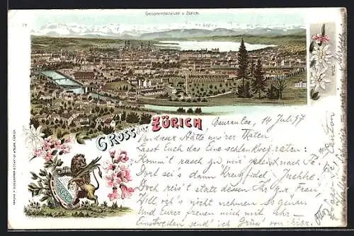 Lithographie Zürich, Gesamtansicht, Löwe mit Wappen