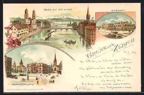 Lithographie Zürich, Blick auf die Alpen, Bahnhof, Paradeplatz