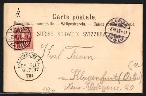 Lithographie Zürich, Flusspartie mit Brücke