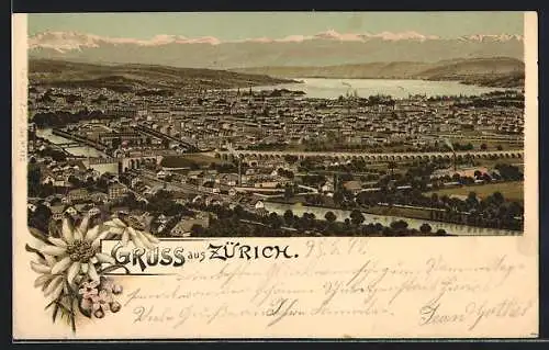 Lithographie Zürich, Blick vom Berg auf den Ort