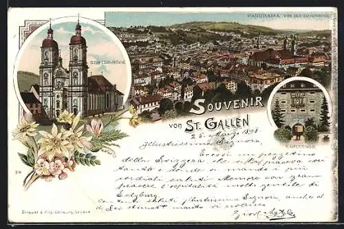 Lithographie St. Gallen, Panorama von der Falkenburg, Stiftskirche, Karlstor