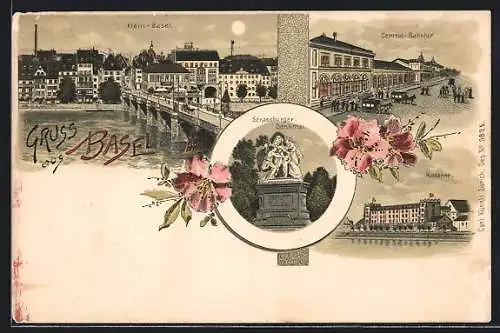 Lithographie Basel, Central-Bahnhof, Kaserne, Strassburger Denkmal