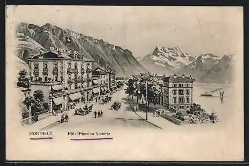 AK Montreux, Hotel-Pension Victoria, Dampfer, Blick auf die Alpen